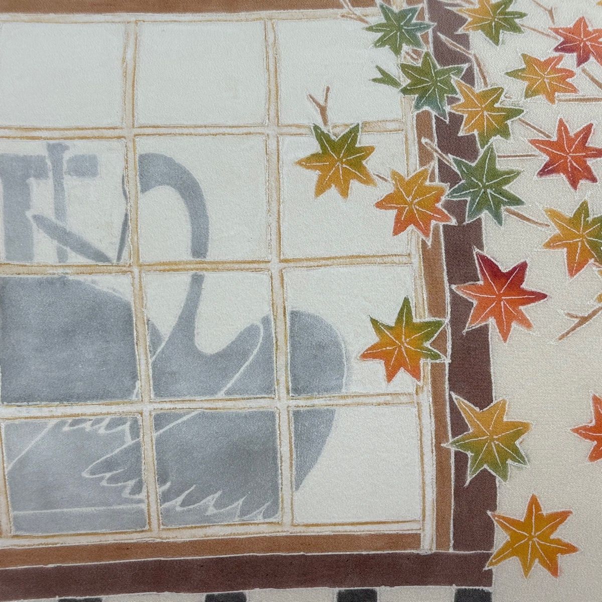 開き名古屋帯 落款 鶴の恩返し クリーム 正絹