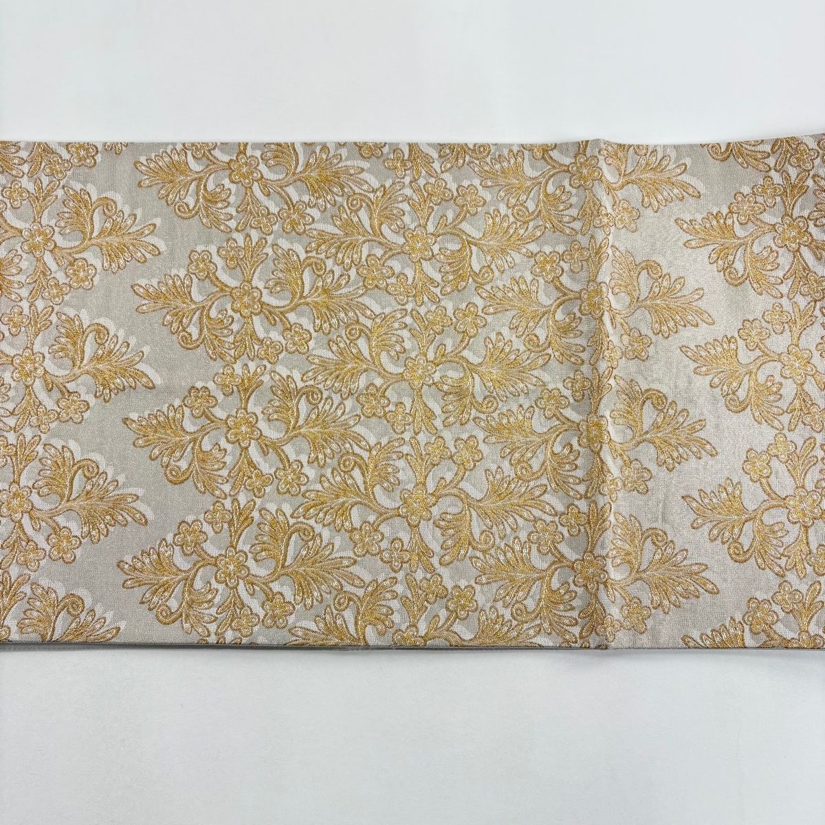 美品】 袋帯 逸品 落款 渡辺雪三郎 草花 金銀糸 箔 灰色 六通 正絹