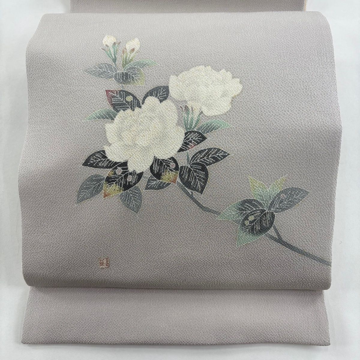 袋名古屋帯 羽田登喜 落款 枝花 ぼかし 薄紫 正絹