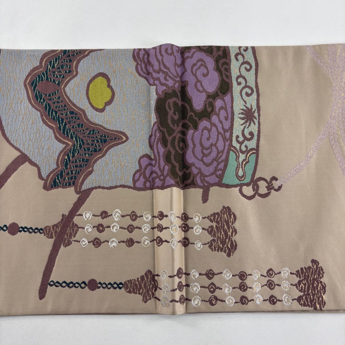 美品】 袋帯 逸品 辻村ジュサブロー 落款 瑞雲 鳥 銀糸 薄茶色 六通