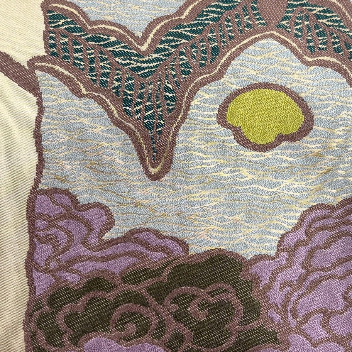 美品】 袋帯 逸品 辻村ジュサブロー 落款 瑞雲 鳥 銀糸 薄茶色 六通