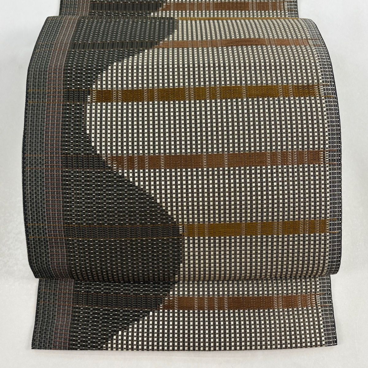 名古屋帯 八寸名古屋帯 松葉仕立て 縞 格子 灰茶 正絹