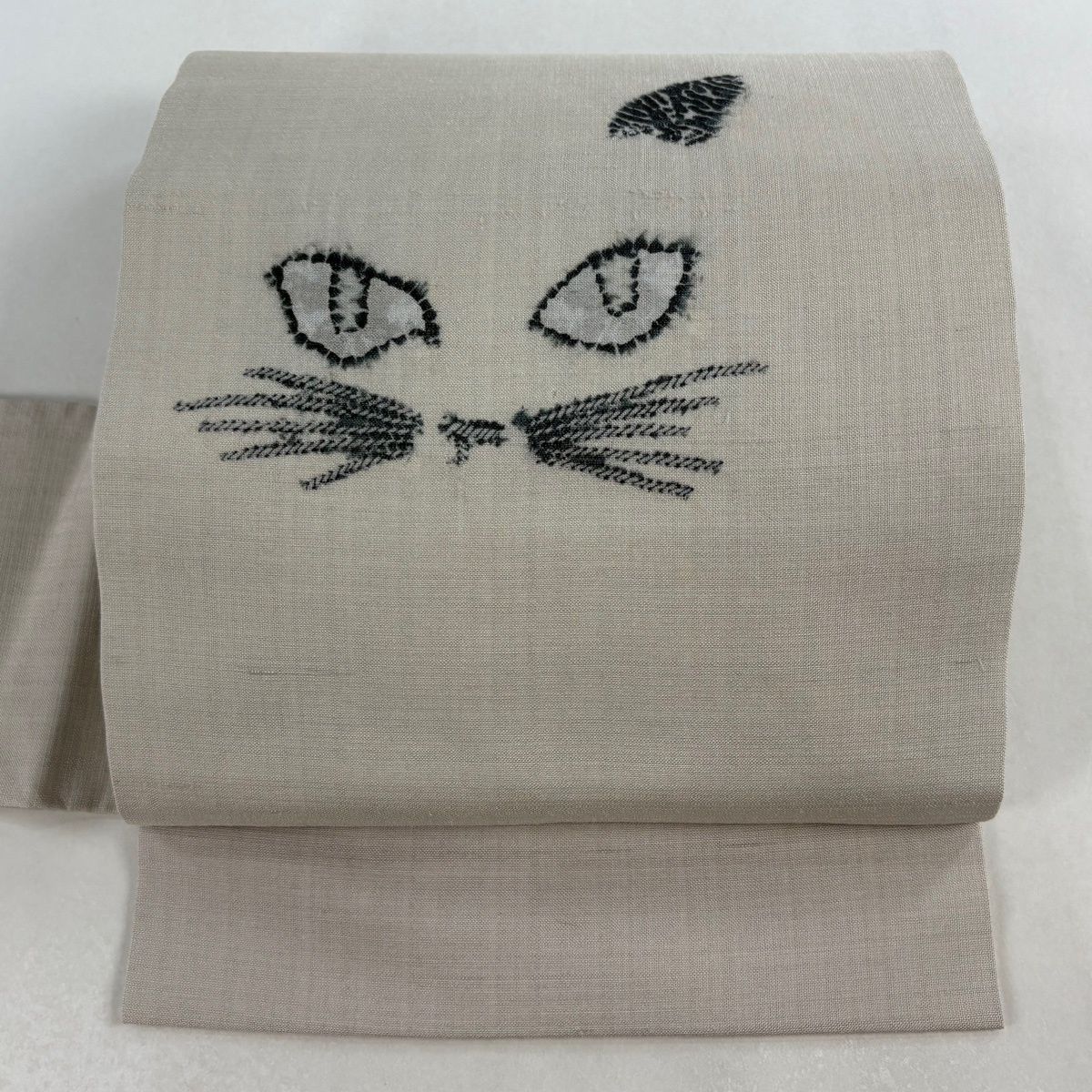 名古屋帯 青柳 落款 奇翠 紬地 猫 灰緑 正絹