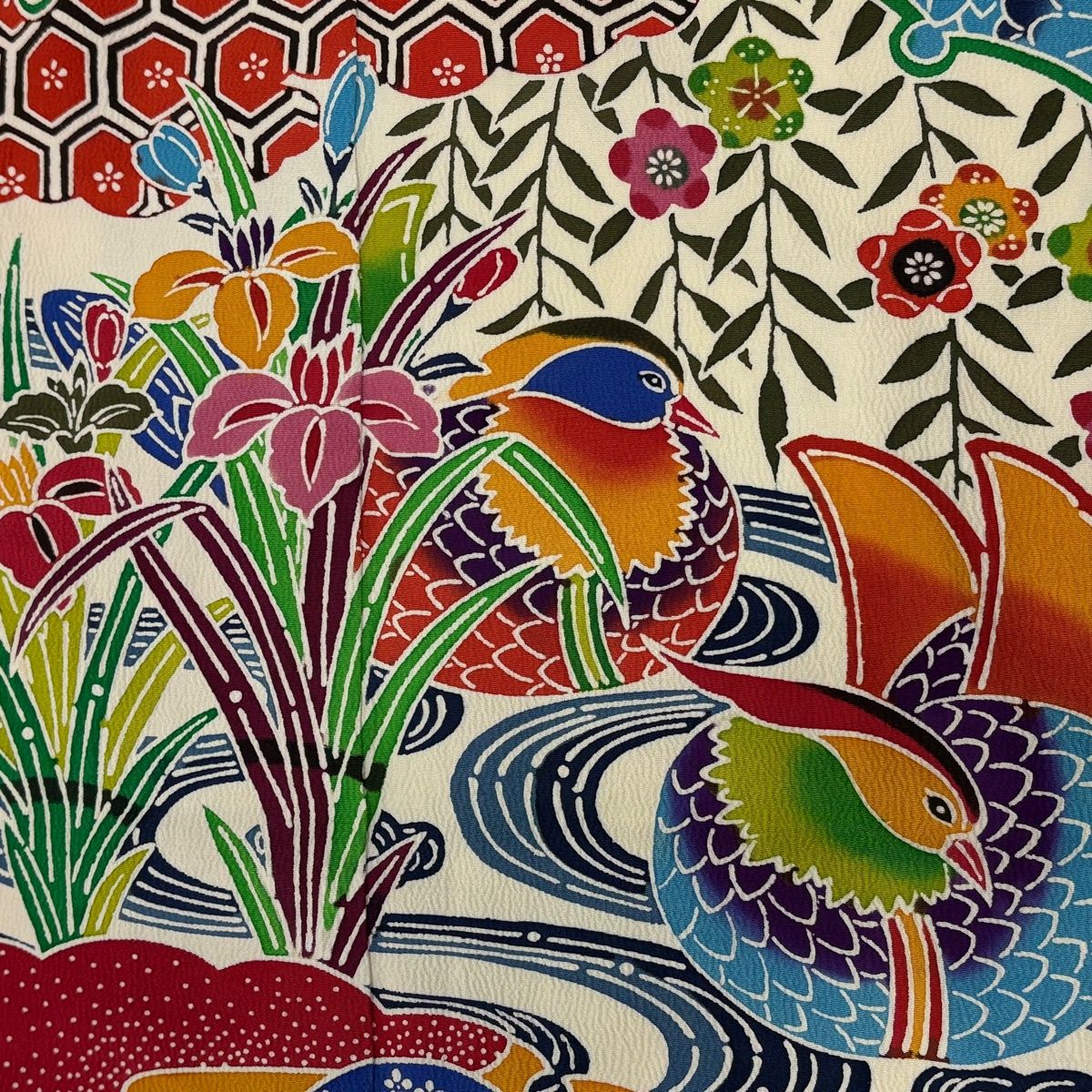  振袖 身丈163 cm 裄丈65 M 袷 鴛鴦 草花 オレンジ 正絹 振袖 着物