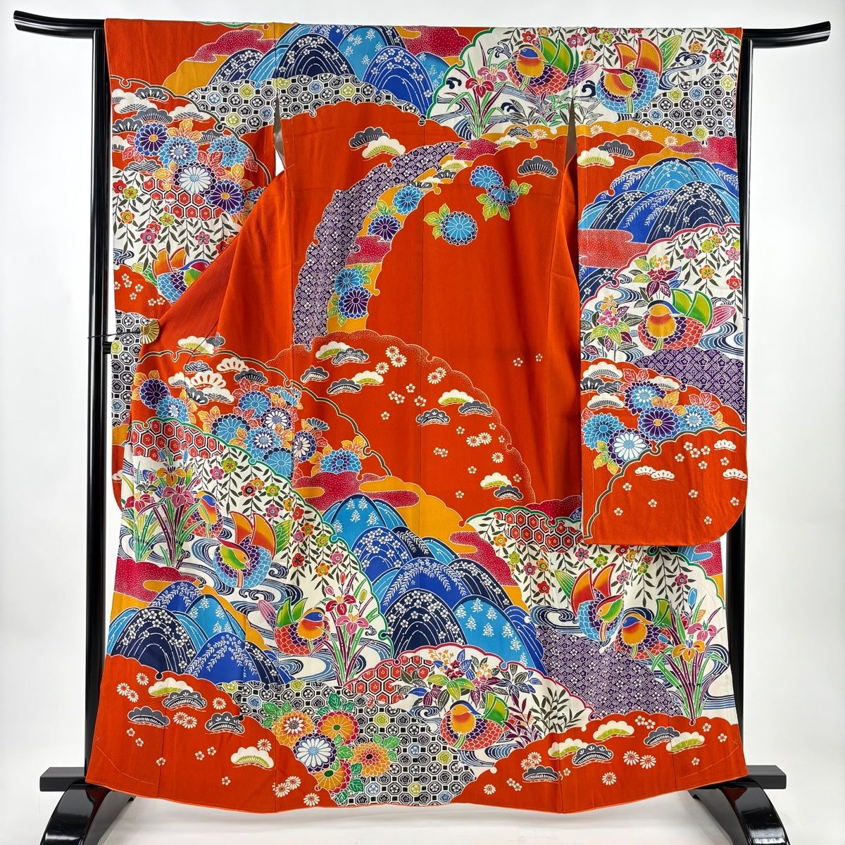 振袖 身丈163 cm 裄丈65 M 袷 鴛鴦 草花 オレンジ 正絹