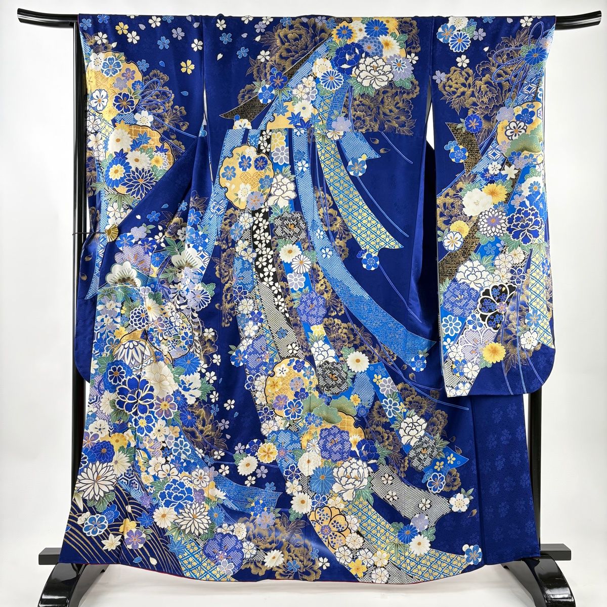 振袖 身丈164 cm 裄丈68 5 L 袷 草花 熨斗 金糸 金彩 青 正絹