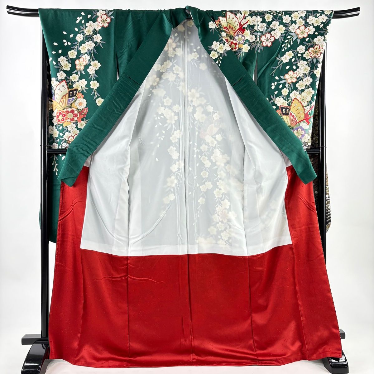 振袖 身丈172.5cm 裄丈70.5cm L 袷 草花 蝶 金糸 金彩 深緑 正絹 名品