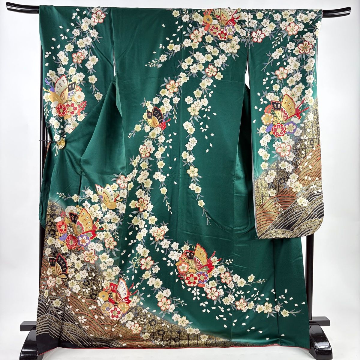 振袖 身丈172 5 cm 裄丈70 L 袷 草花 蝶 金糸 金彩 深緑 正絹