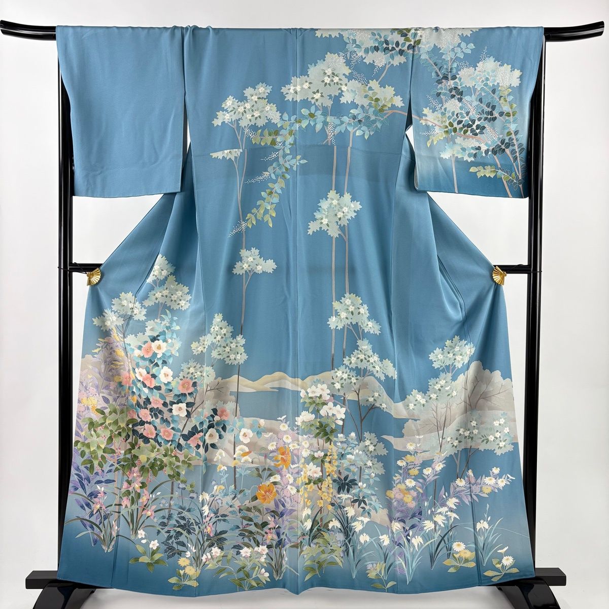 訪問着 身丈159.5cm 裄丈67cm M 袷 椿 草花 青灰色 正絹 名品 【中古