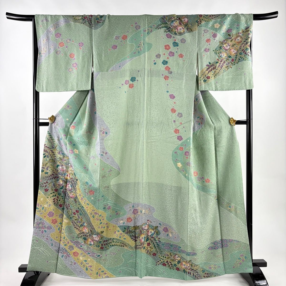 訪問着 身丈162.5cm 裄丈67cm M 袷 辻が花柄 地紋 金彩 灰緑 正絹 名品