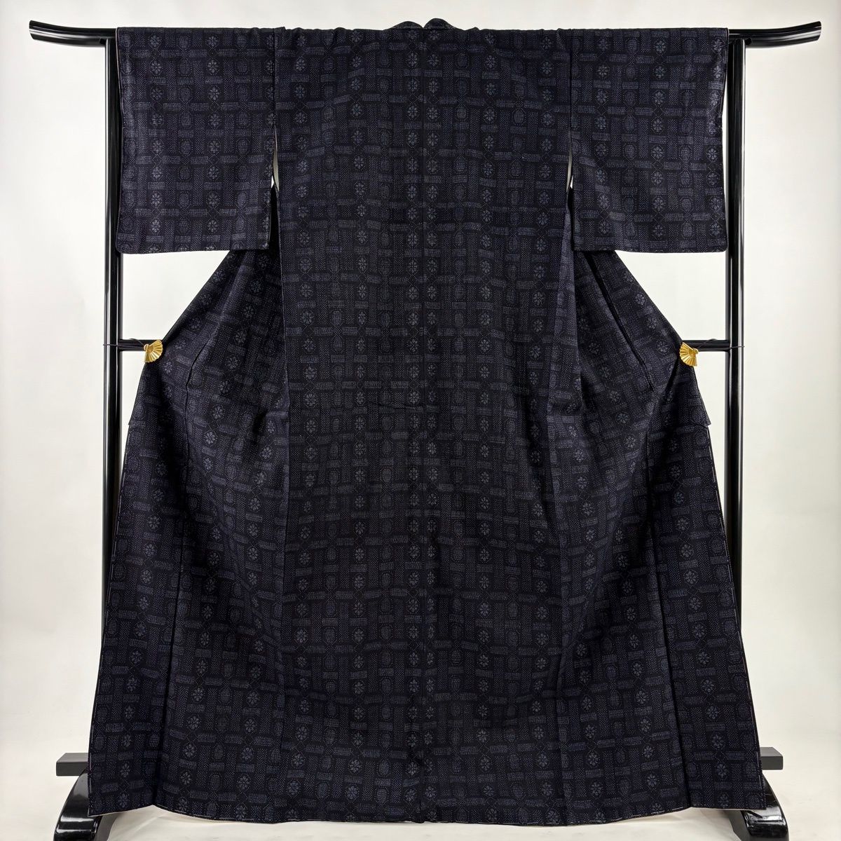 紬 身丈171 cm 裄丈65 M 袷 格子 花 紺色 正絹 名品