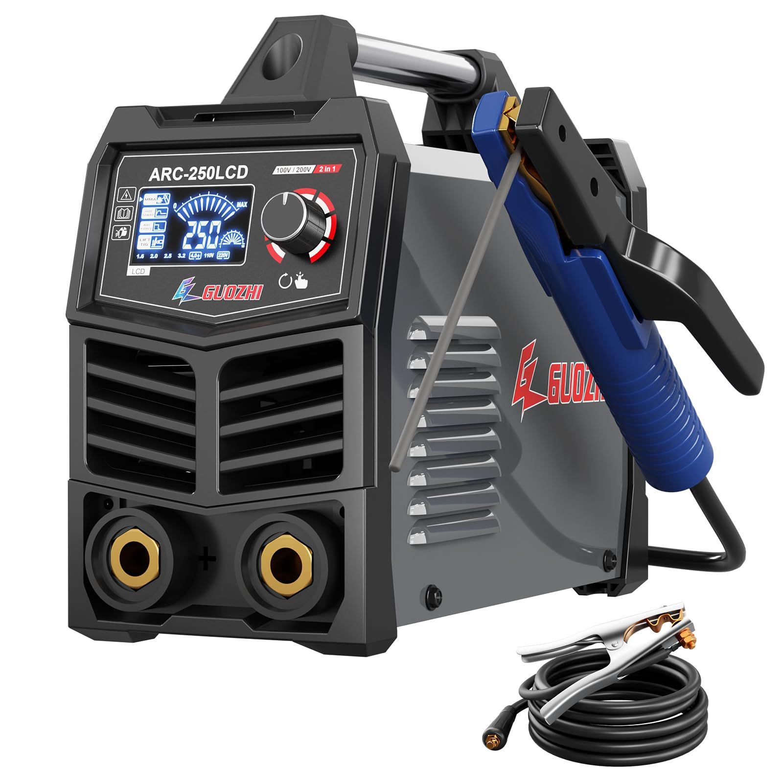 GZ GUOZHI 溶接機 200 V 250 A 被覆アーク溶接機 インバーター直流 ポータブル 電気 定格使用率60 デジタル表示 小型 軽量 家庭用 出張工事 ARC-250 LCD