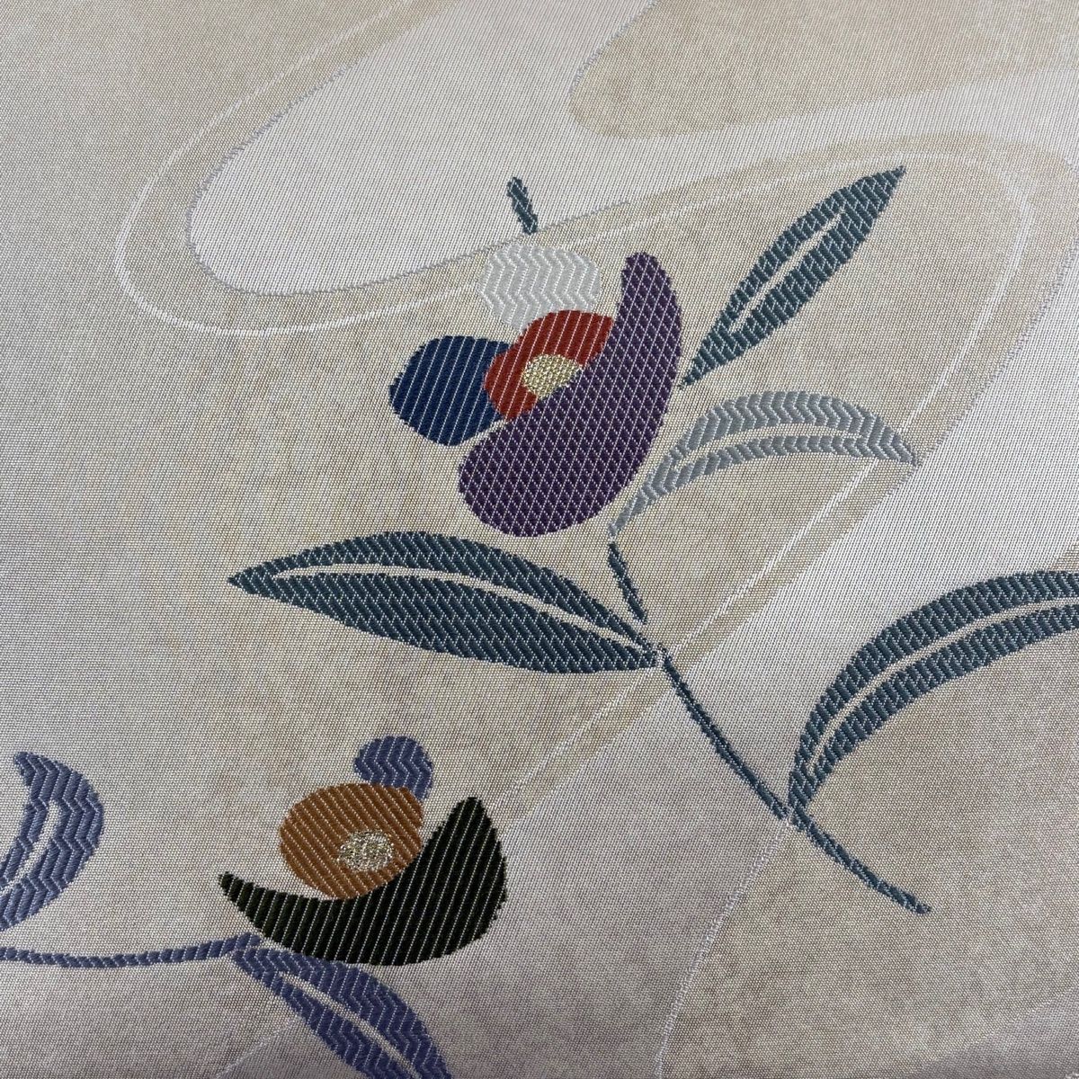 名古屋帯 秀品 草花 流水 金糸 箔 灰茶 正絹