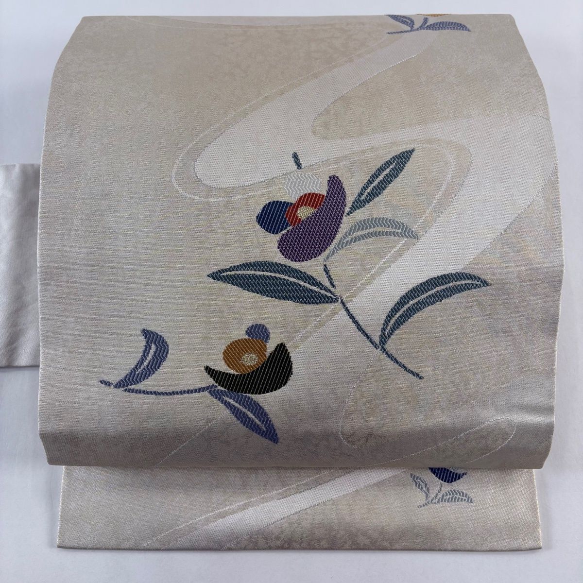 名古屋帯 秀品 草花 流水 金糸 箔 灰茶 正絹