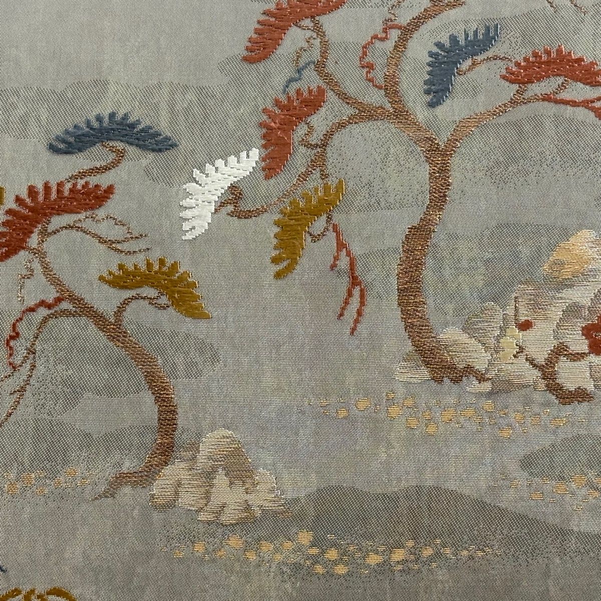 名古屋帯 秀品 松竹梅 岩 金糸 箔 灰緑 正絹