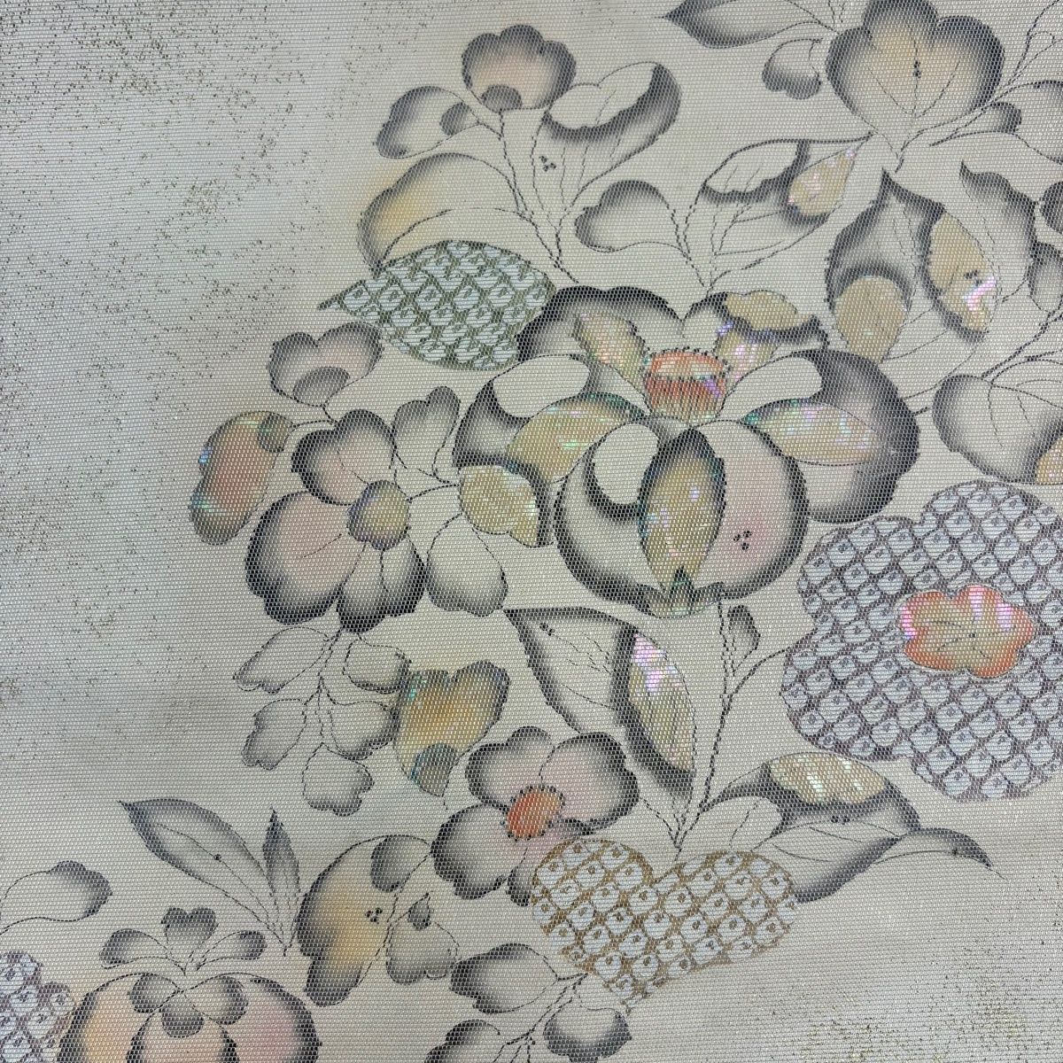 名古屋帯 秀品 草花 螺鈿 金彩 ベージュ 正絹