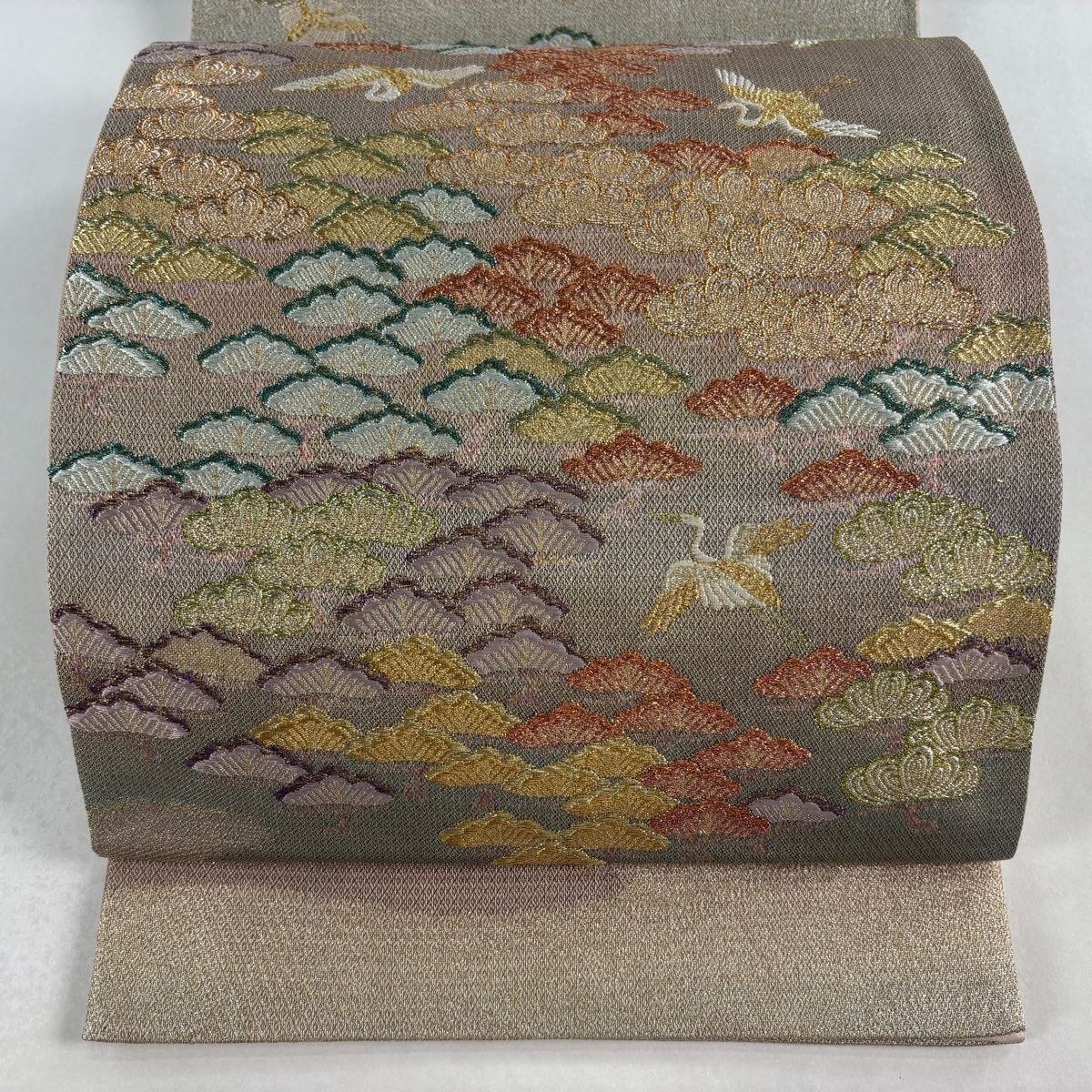美品】 袋帯 秀品 鶴 笠松 金銀糸 唐織 薄茶色 六通 正絹 【中古