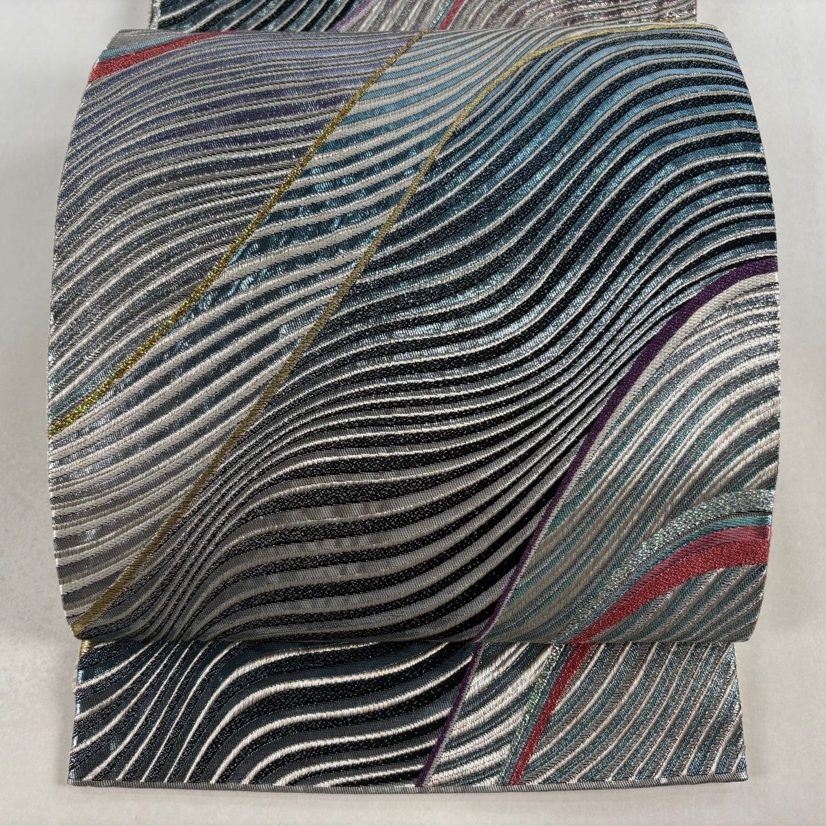美品】 袋帯 秀品 関西仕立て よろけ縞 波 箔 金銀糸 青 六通 正絹