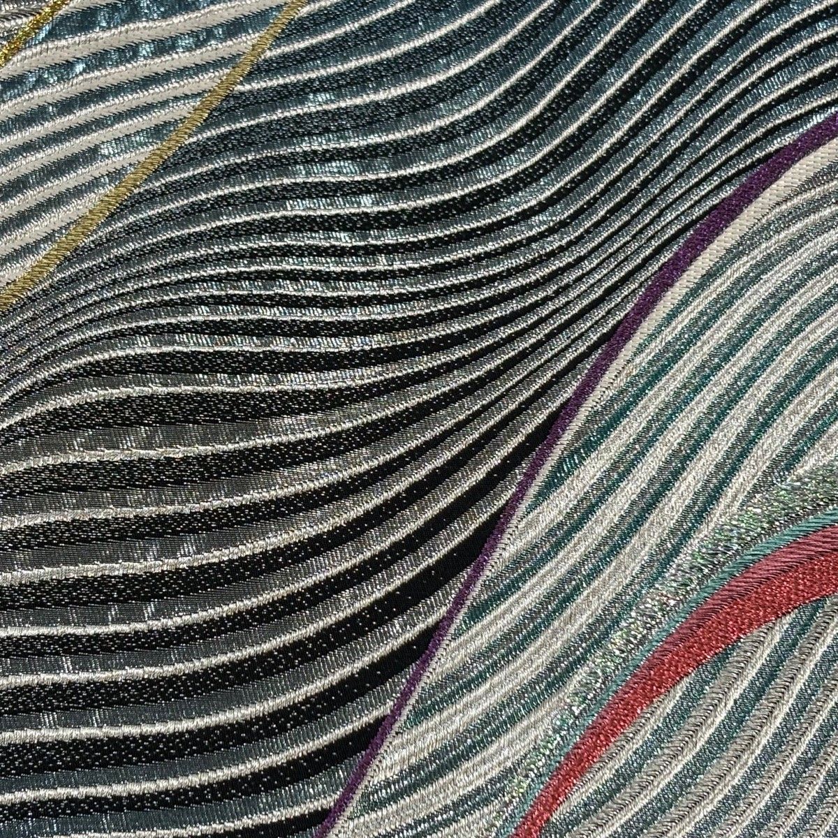 美品】 袋帯 秀品 関西仕立て よろけ縞 波 箔 金銀糸 青 六通 正絹