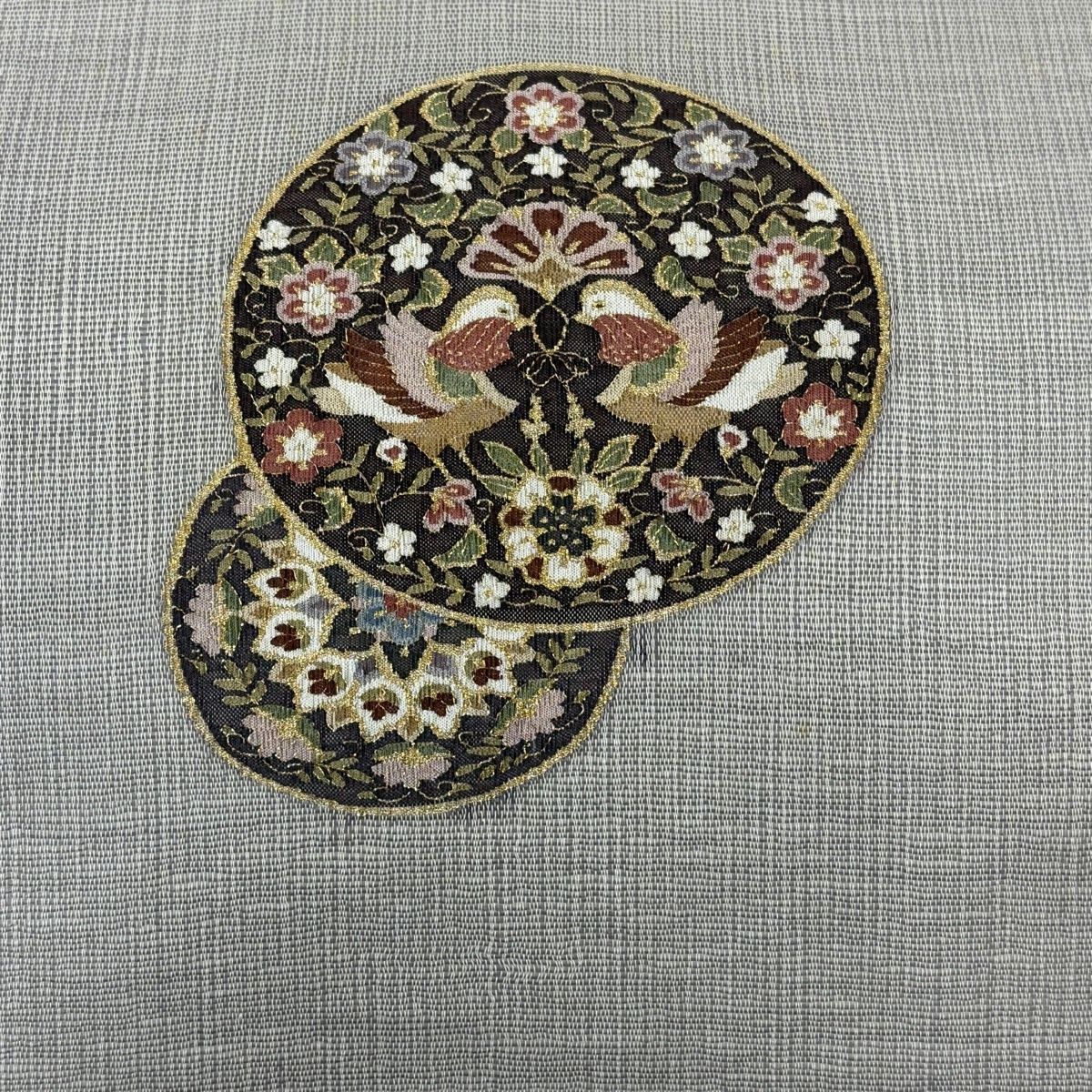 名古屋帯 秀品 夏帯 向かい鳥 草花 金糸 灰紫 正絹