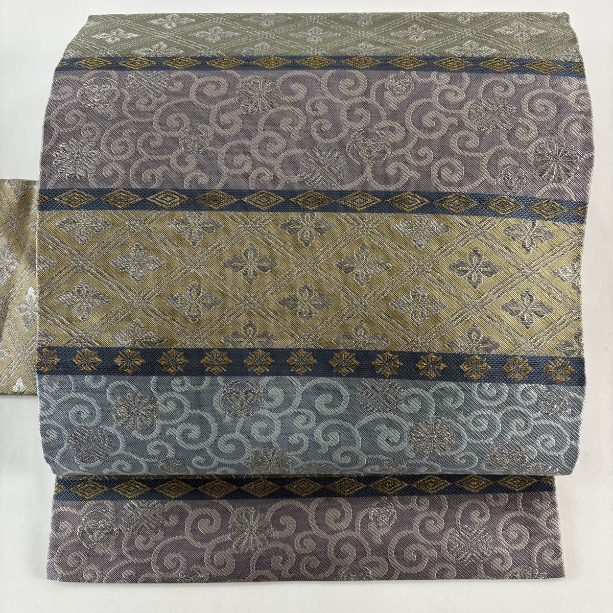 名古屋帯 秀品 花菱 花唐草 金銀糸 灰紫 正絹