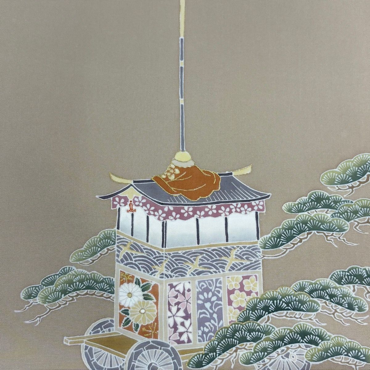 名古屋帯 秀品 山鉾 笠松 金彩 薄茶色 正絹