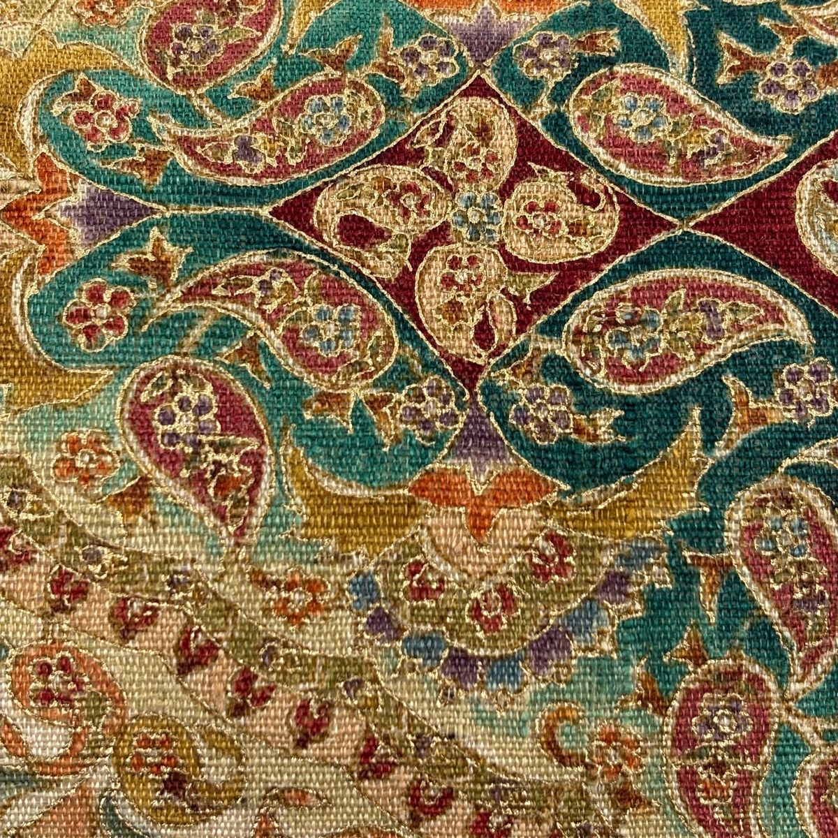 名古屋帯 名品 落款 紬地 ペイズリー 草花 金彩 抹茶色 正絹