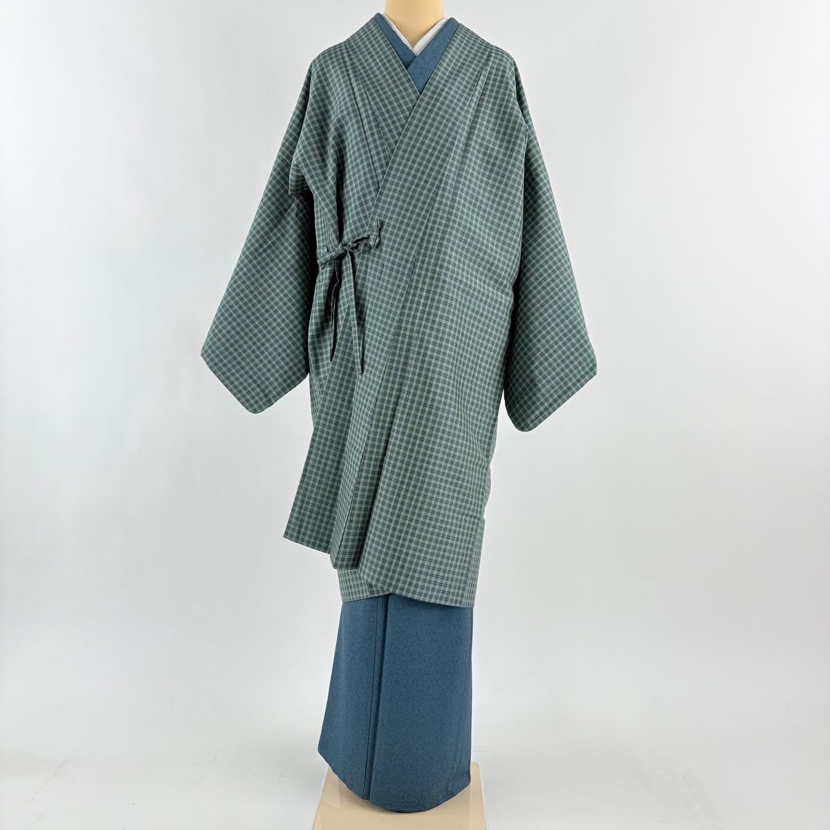 道中着 身丈109 cm 裄丈67 M 和装コート 紬地 証紙 花格子 緑 正絹 秀品