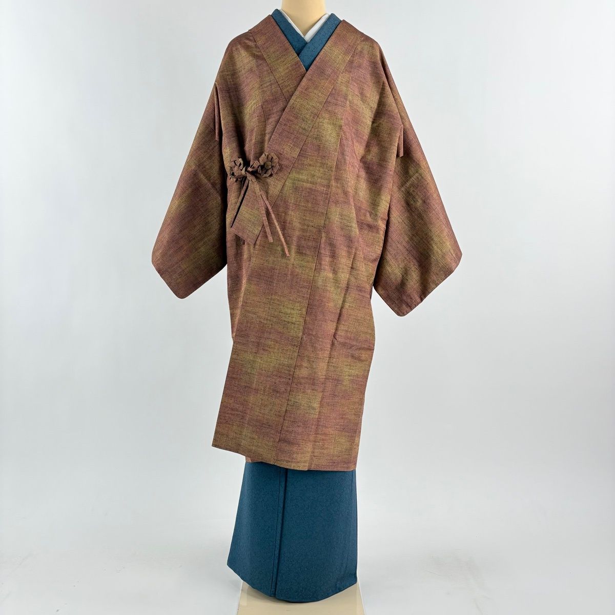 道中着 身丈112 cm 裄丈65.5 M 和装コート 着物衿 紬地 縦縞 ぼかし柄 赤茶 正絹 秀品