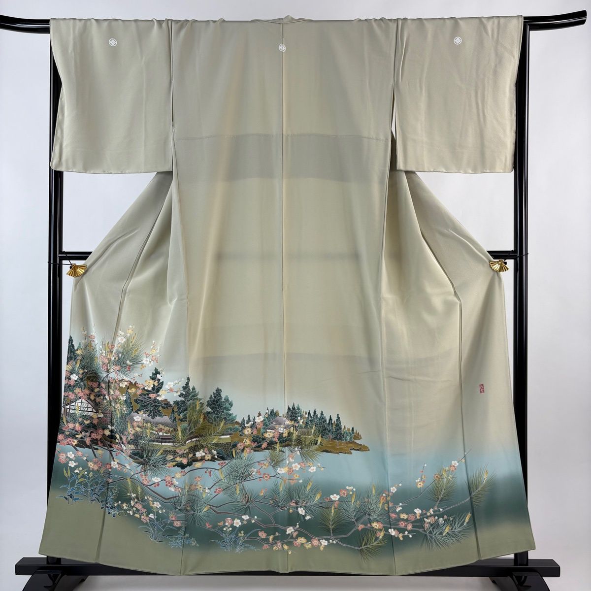 色留袖 身丈156.5 cm 裄丈68 L 袷 阿部佳雪 家屋 枝梅 染め分け ぼかし 薄緑 正絹 秀品 三つ紋