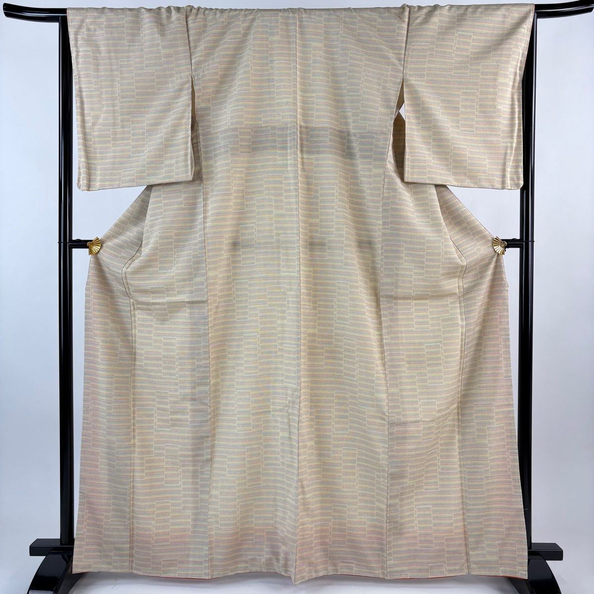 紬 身丈167 cm 裄丈67 M 袷 縞 ベージュ 正絹 秀品