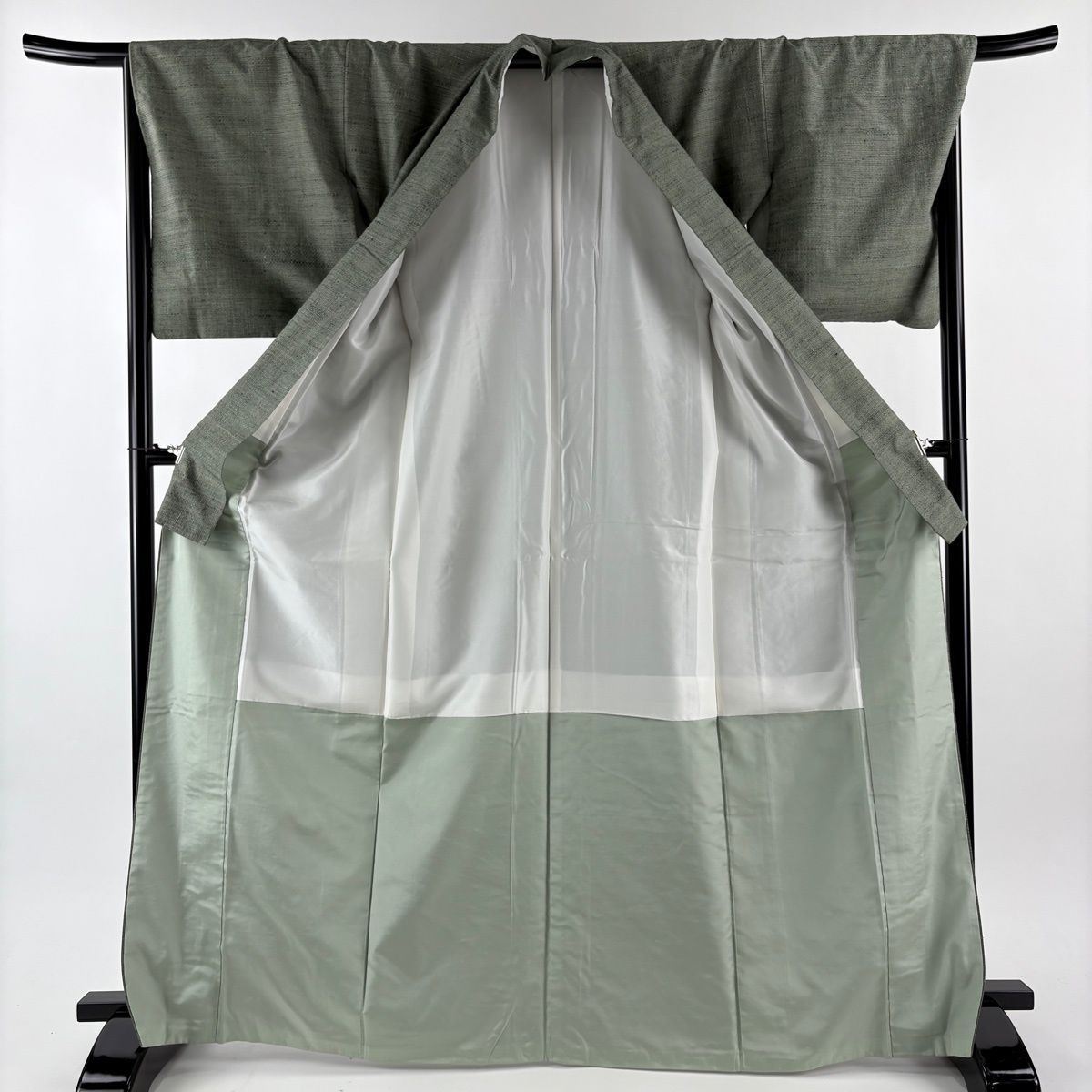  結城紬 身丈168 cm 裄丈67 5 L 袷 証紙 網代 灰緑 正絹 秀品 紬 着物