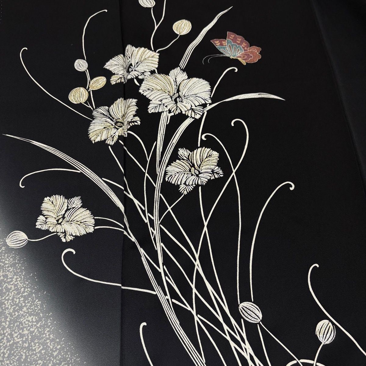 訪問着 身丈156.5cm 裄丈65cm M 袷 蝶 草花 金銀彩 ぼかし 黒 正絹 秀