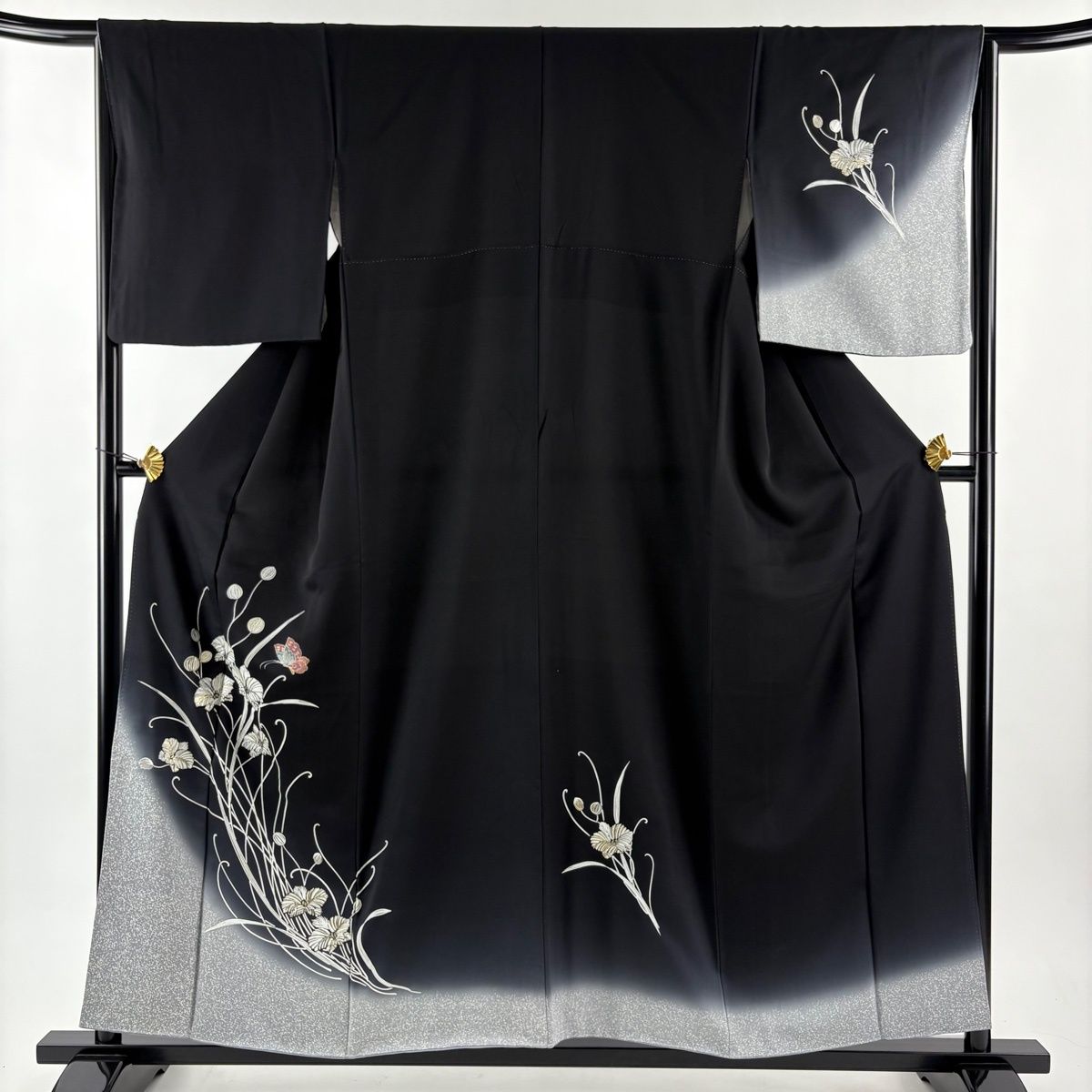 訪問着 身丈156.5cm 裄丈65cm M 袷 蝶 草花 金銀彩 ぼかし 黒 正絹 秀