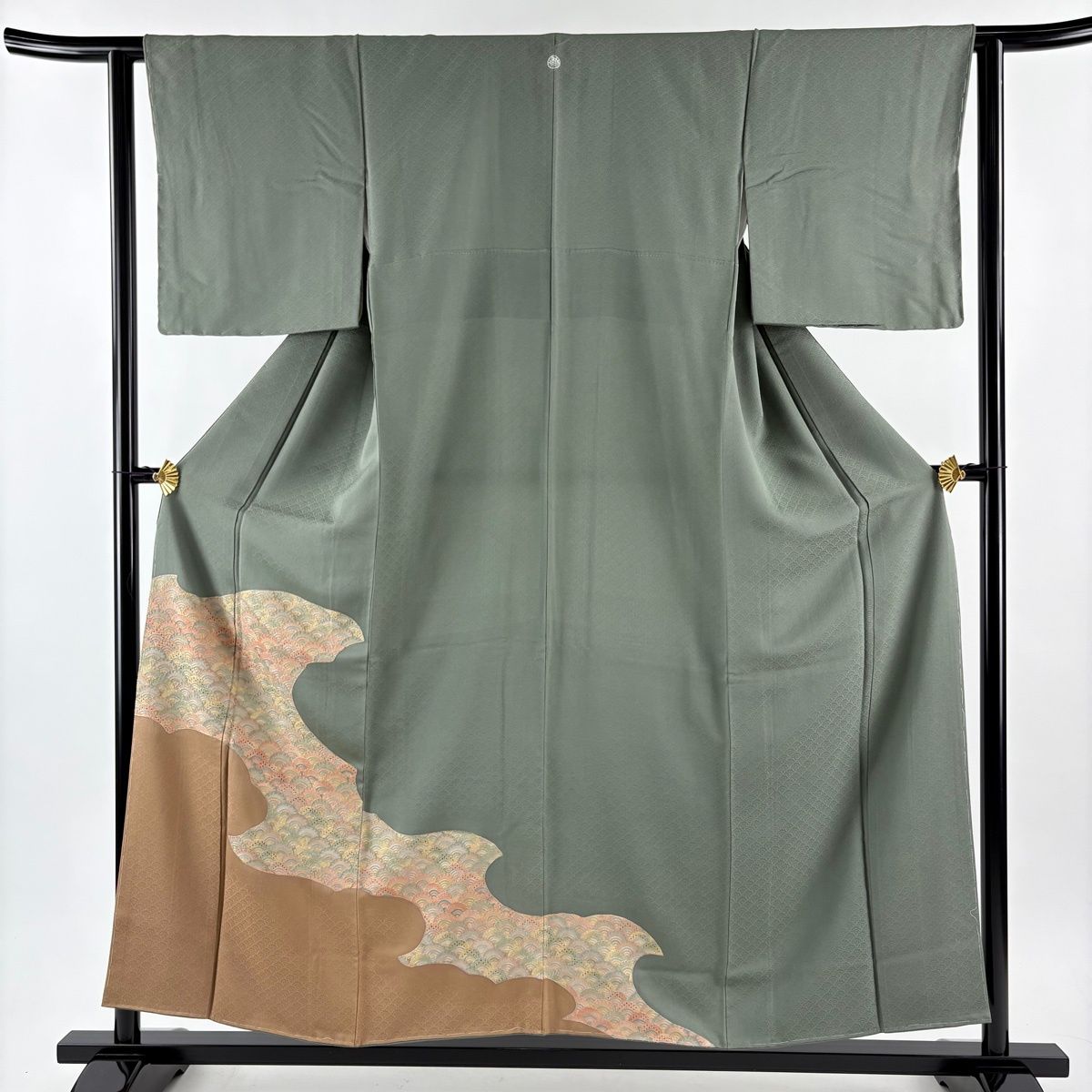 色留袖 身丈154.5 cm 裄丈62 S 袷 波青海波 地紋 刺繍 染め分け 灰緑 正絹 秀品 一つ紋