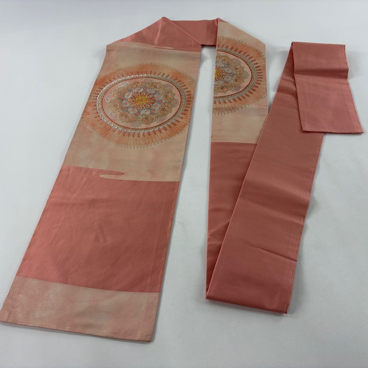 名古屋帯 優品 華文 霞 金銀糸 箔 サーモンピンク 正絹 【中古