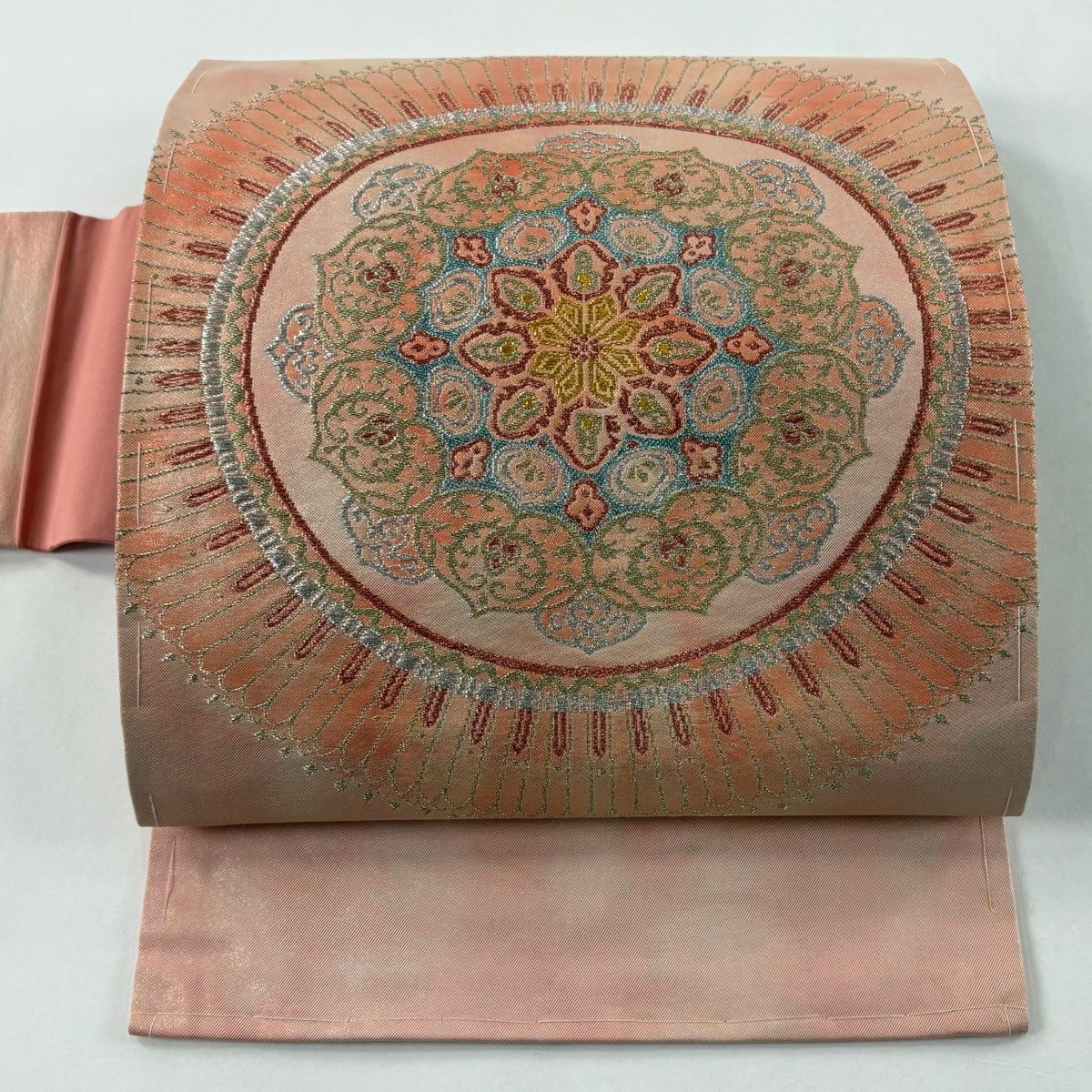 名古屋帯 優品 華文 霞 金銀糸 箔 サーモンピンク 正絹 【中古