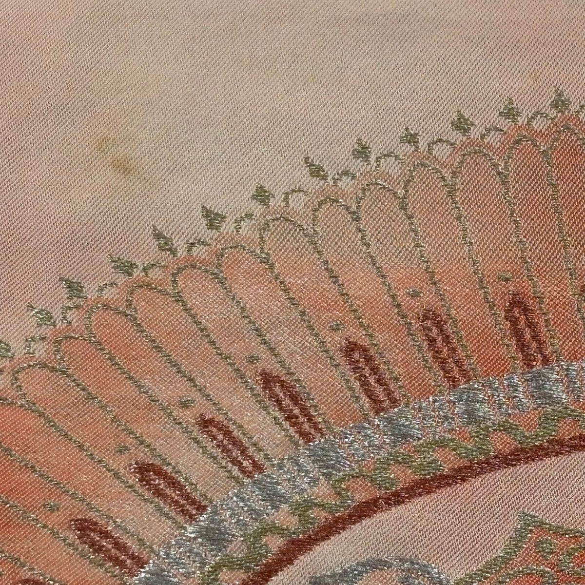 名古屋帯 優品 華文 霞 金銀糸 箔 サーモンピンク 正絹 【中古