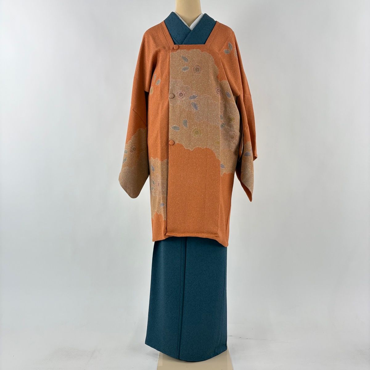 道行 身丈96 cm 裄丈68.5 L 和装コート 角衿 梅 逆さ雲取り 金彩 オレンジ 正絹 秀品