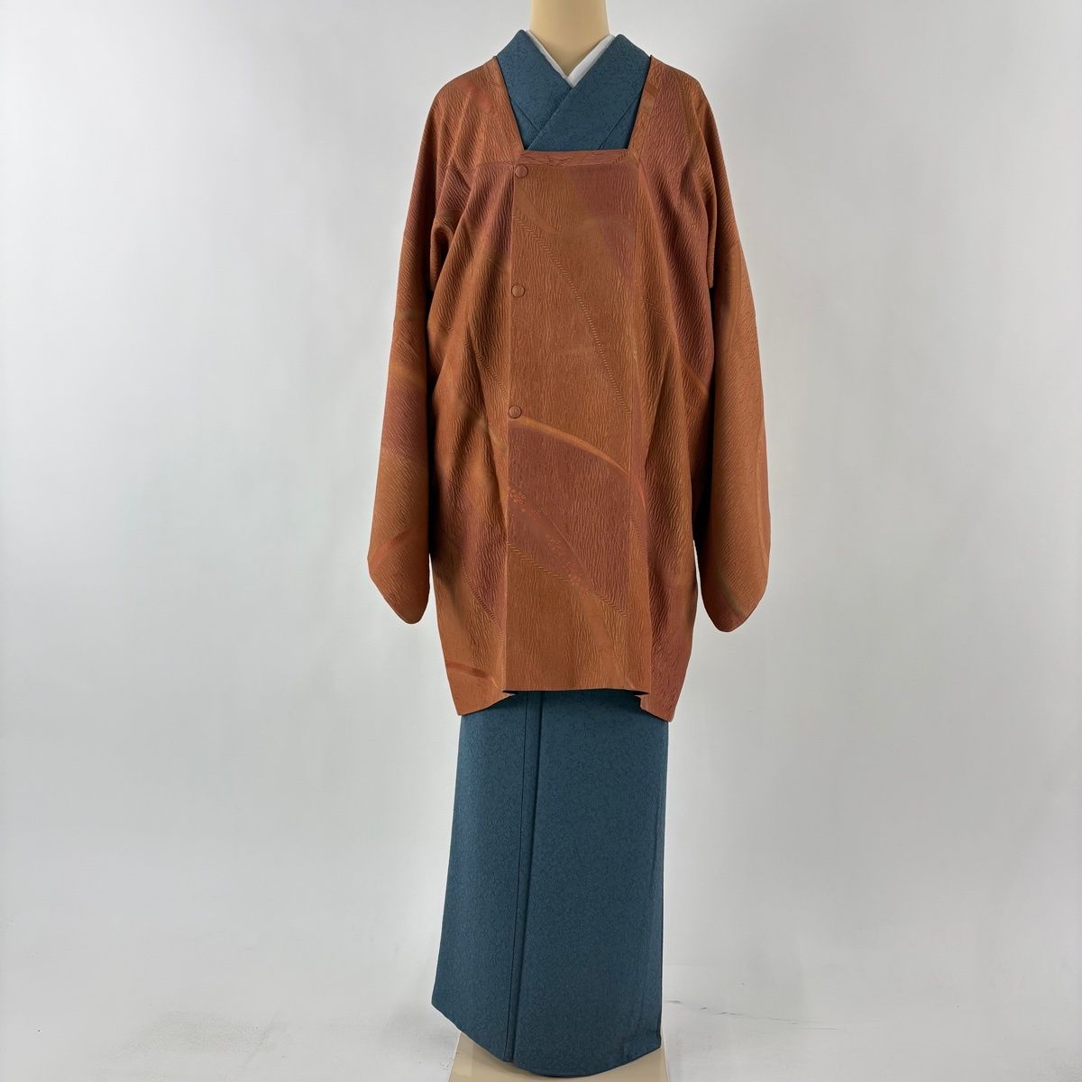 道行 身丈91 cm 裄丈70 L 和装コート 角衿 地紋 幾何学模様 赤茶 正絹 秀品