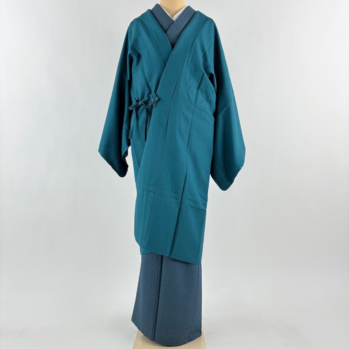 道中着 身丈109 cm 裄丈64 M 和装コート 地紋 銀通し 青緑 正絹 秀品