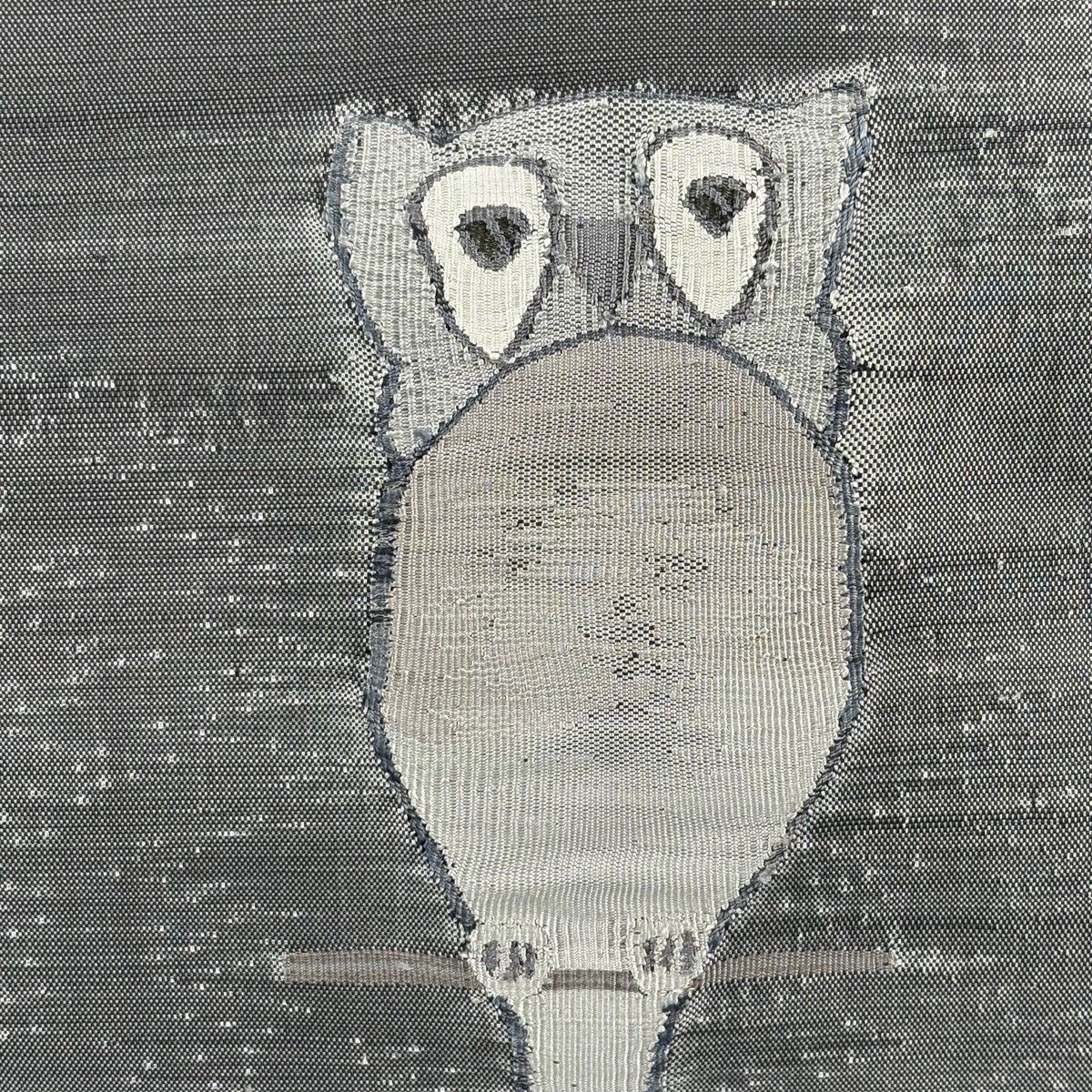 名古屋帯 秀品 八寸名古屋帯 松葉仕立て 月 ミミズク 銀糸 黒 正絹