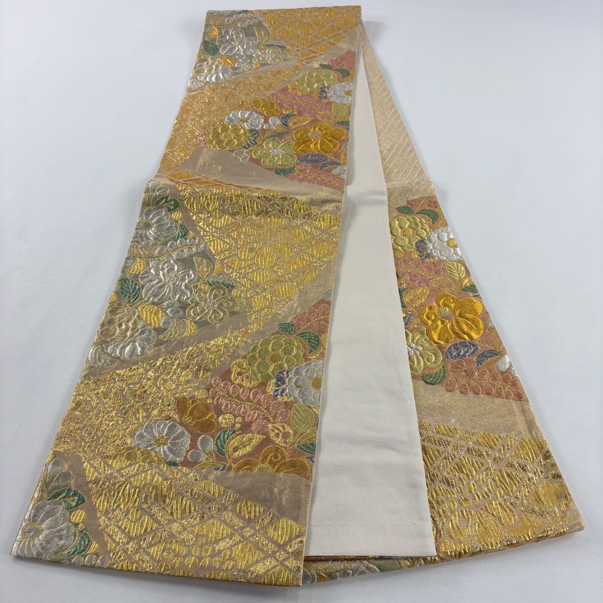 袋帯 秀品 振袖向き 辻が花柄 松皮菱 銀糸 箔 金色 六通 正絹 【中古