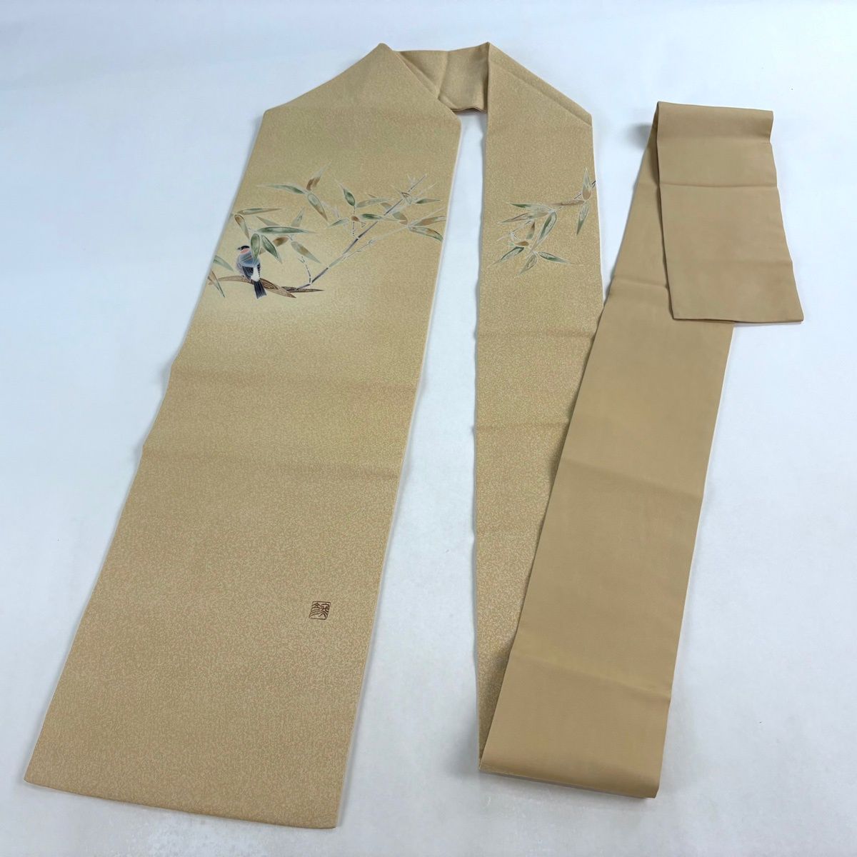  名古屋帯 秀品 落款 枝葉 鳥 ベージュ 正絹 名古屋帯 帯