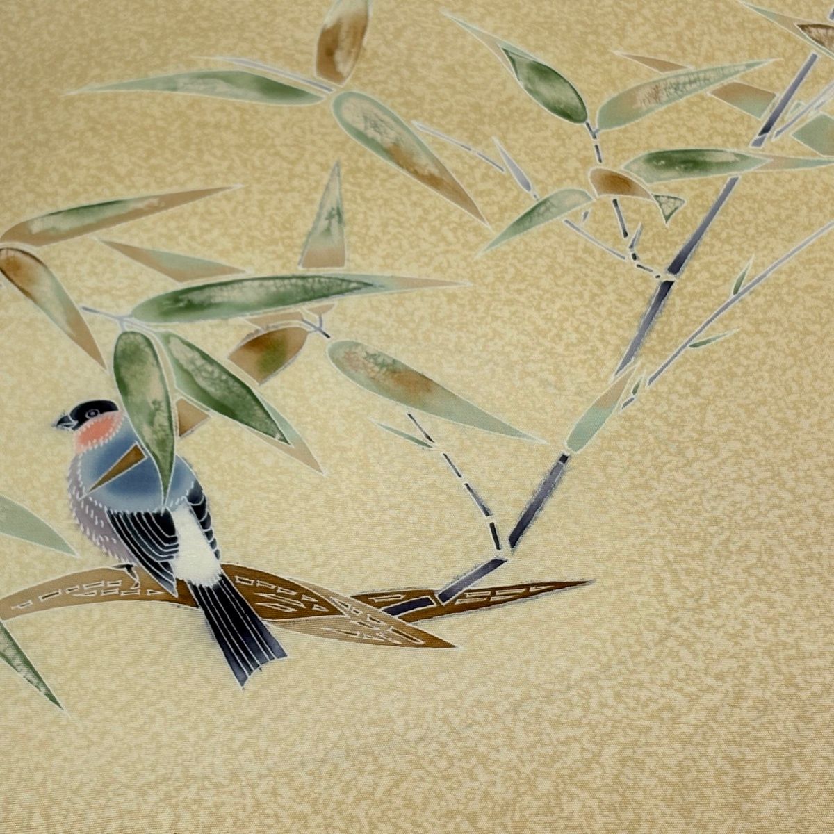 名古屋帯 秀品 落款 枝葉 鳥 ベージュ 正絹