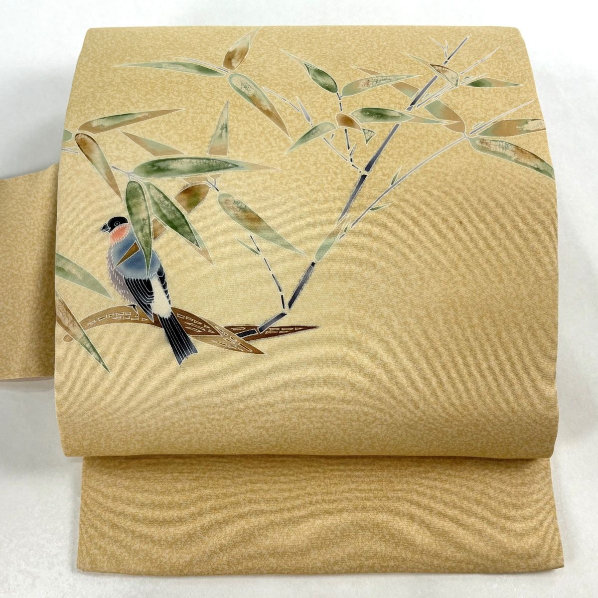 名古屋帯 秀品 落款 枝葉 鳥 ベージュ 正絹