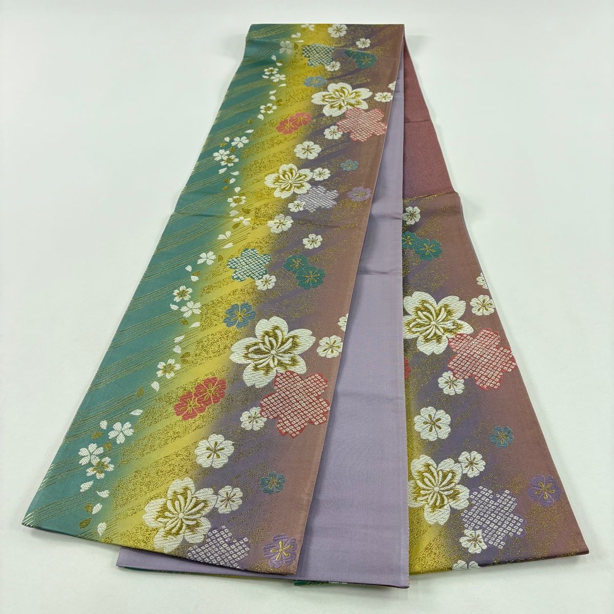 袋帯 秀品 やまと 振袖向き 桜 桜の花びら 金糸 唐織 紫 六通 正絹