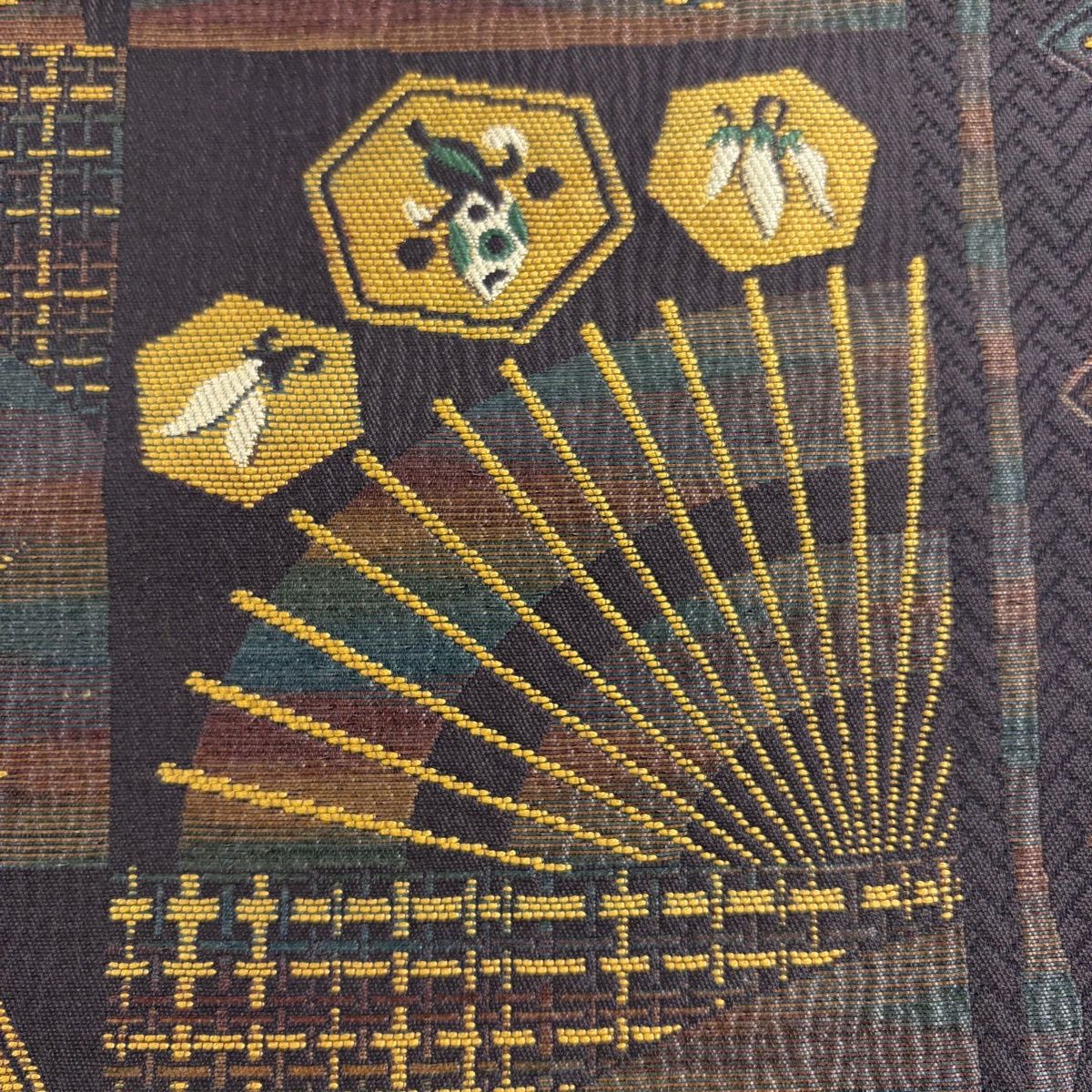 名古屋帯 秀品 八寸名古屋帯 松葉仕立て 生り物 市松 箔 茶紫 正絹