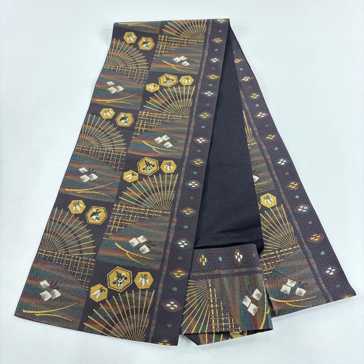  名古屋帯 秀品 八寸名古屋帯 松葉仕立て 生り物 市松 箔 茶紫 正絹 名古屋帯 帯