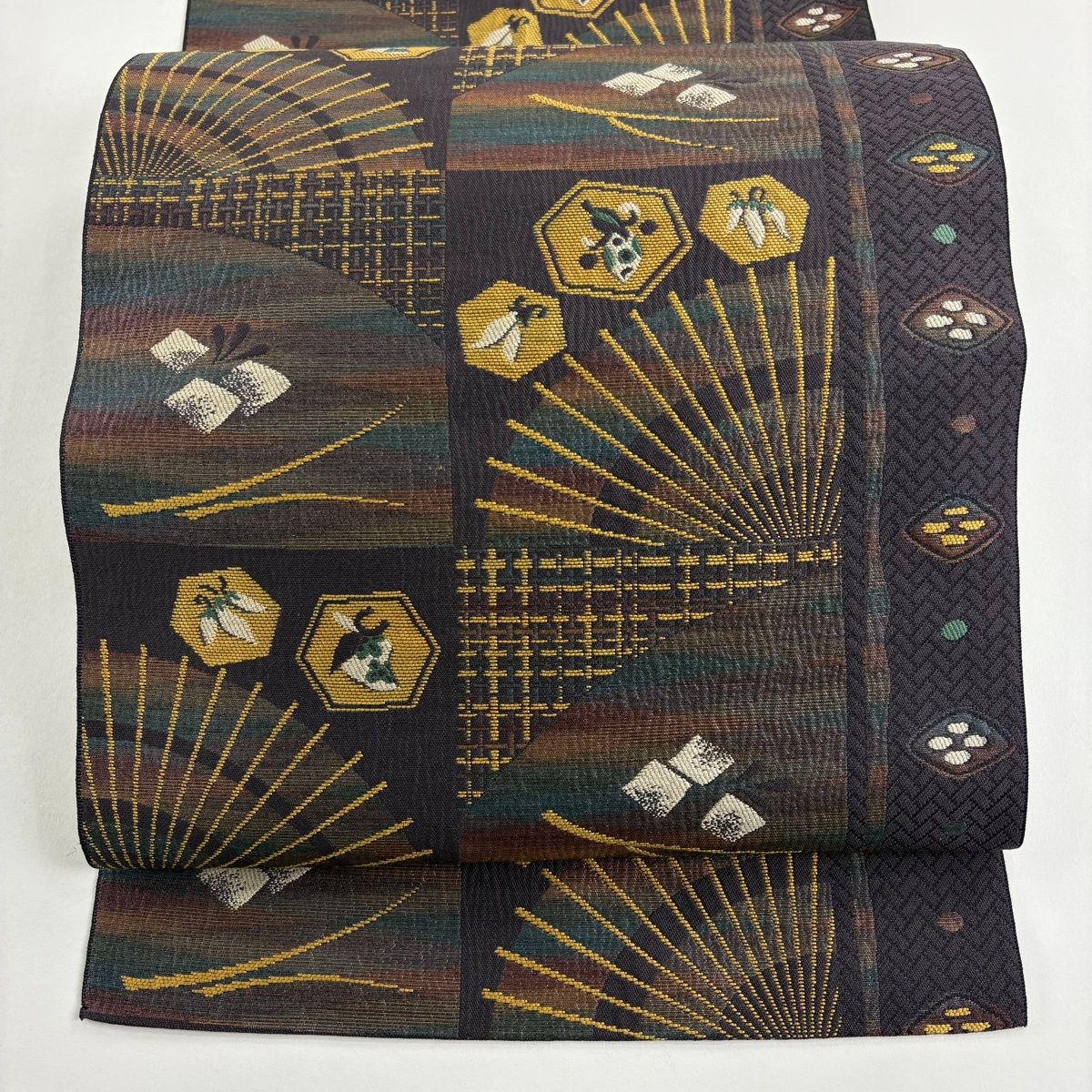 名古屋帯 秀品 八寸名古屋帯 松葉仕立て 生り物 市松 箔 茶紫 正絹